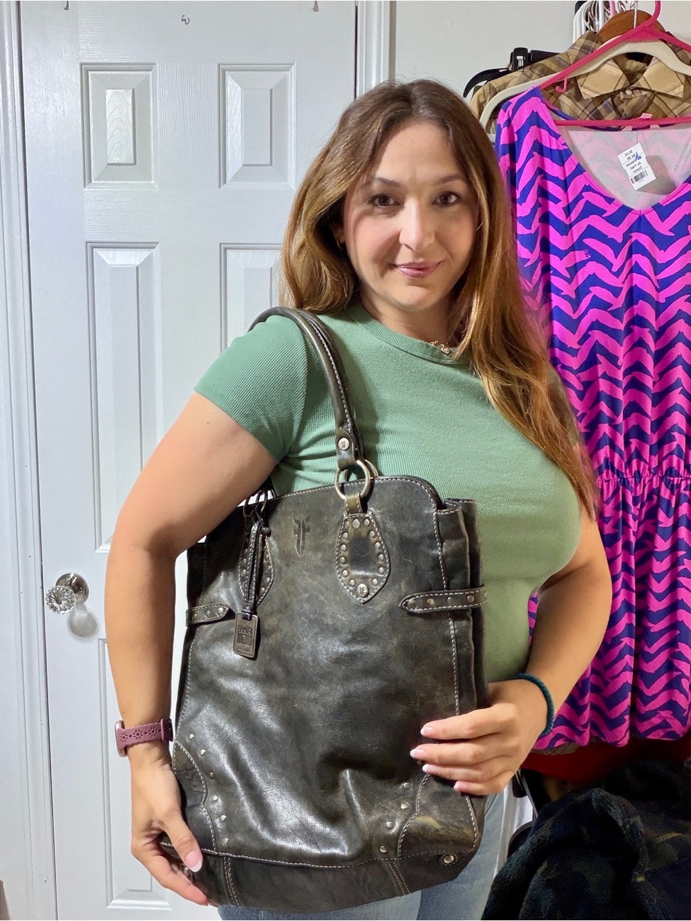 Frye Melissa rustic distressed black leather silver studded moto large tote bag - Picture 10 of 13